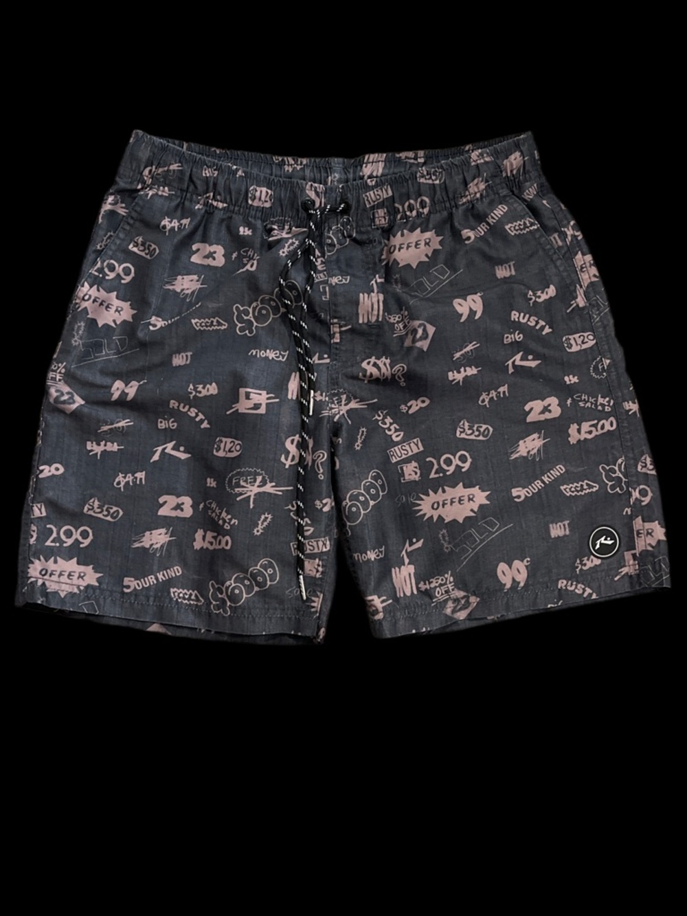 Rusty Boys Black Swim Shorts with Pinkish/purple Graphic Print